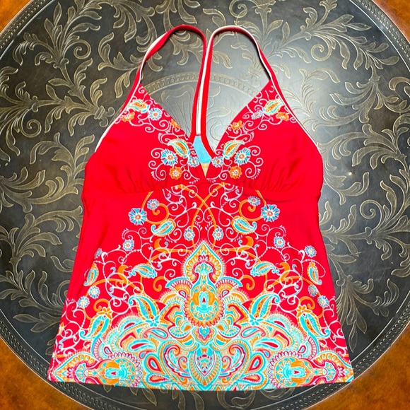Athleta Offshore Racerback Tankini Top Swimsuit Red Paisley Top Only Size M - Picture 3 of 11